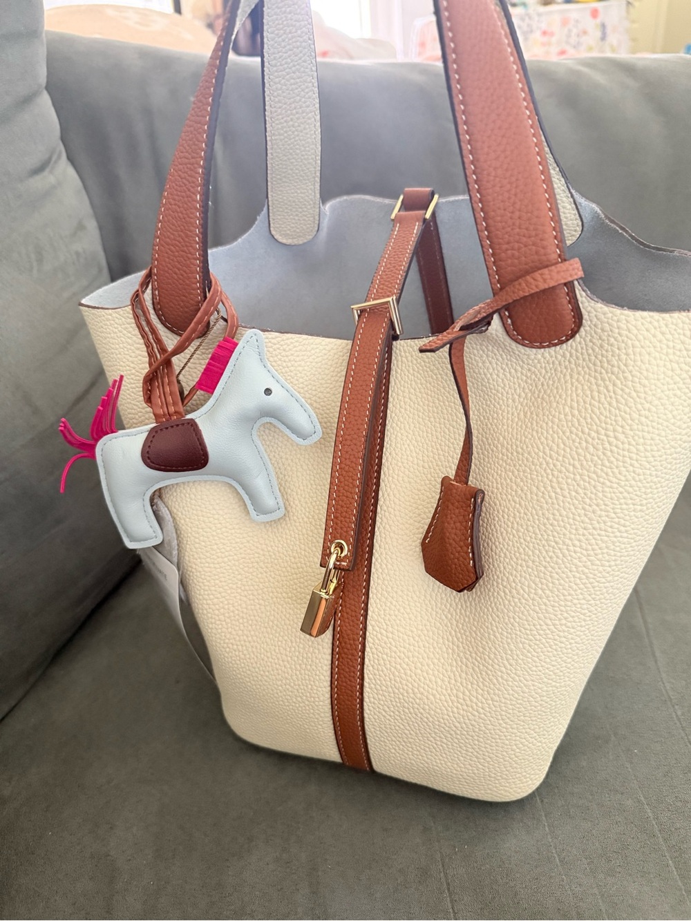 Cream and Brown Women's Pebbled Leather Tote with Horse Charm